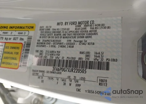 2018 Ford Fusion S z USA, uszkodzony, nr VIN 3FA6P0G7XJR220505